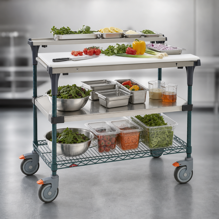 Product image #3 for Metro PrepMate MultiStation 18 x 36 Prep Cart with Solid Stainless Steel Shelf and MetroSeal 3 Epoxy-Coated Wire Shelf