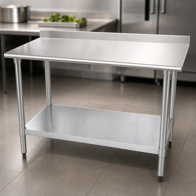 Product image #3 for Advance Tabco Special Value Series 48" x 30" 18-Gauge 430 Stainless Steel Work Table with 5" Backsplash and Galvanized Undershelf