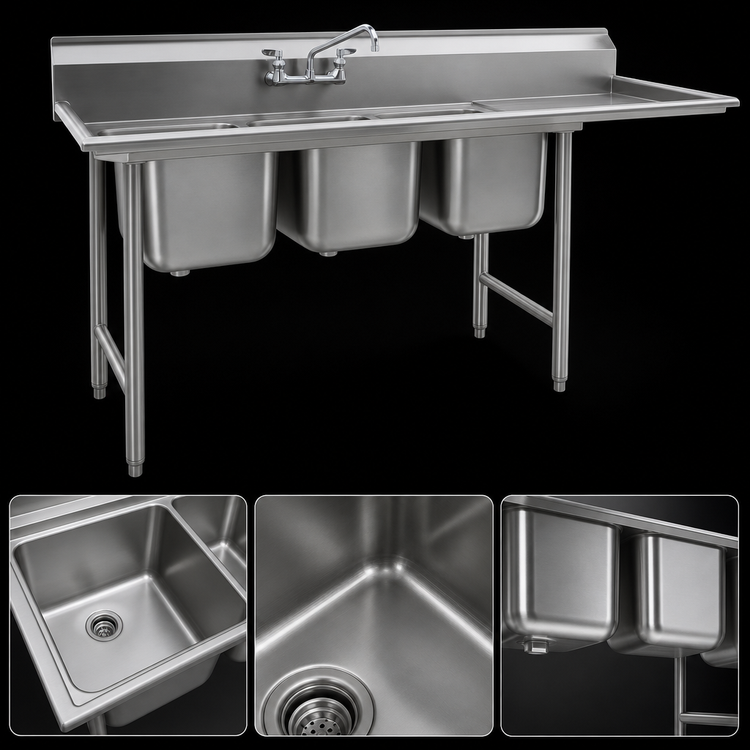 Product image #3 for Eagle Group 414 Series Coved Corner Three-Compartment Sink with 24-Inch Right Drainboard