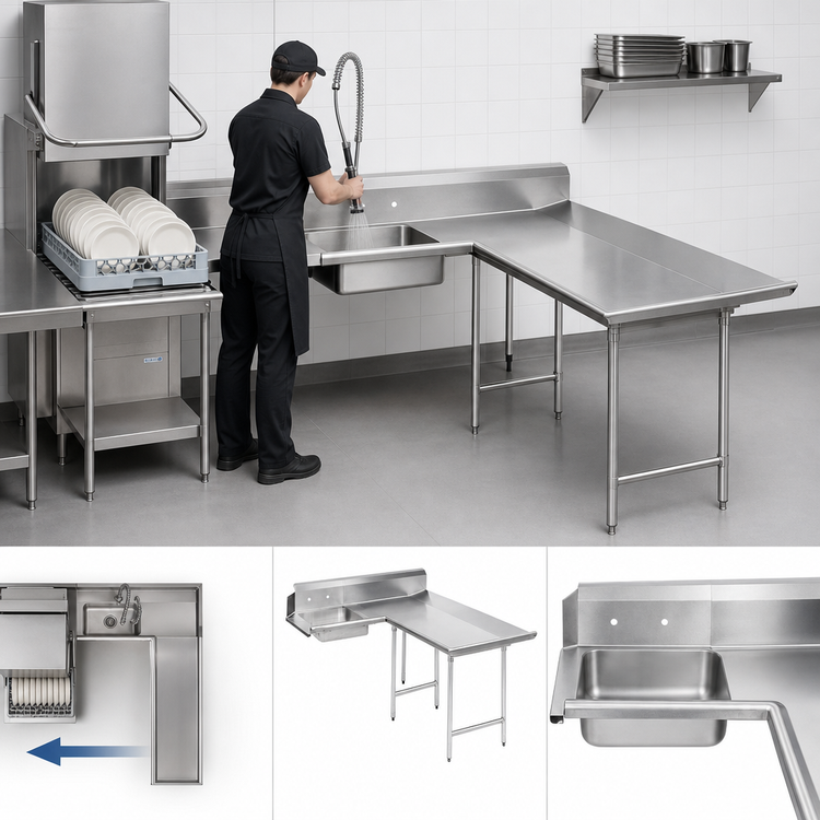 Product image #3 for Advance Tabco DTS-D70-144R L-Shaped Right-Hand Dish Table with Landing and Pre-Rinse Sink, 143 Inch