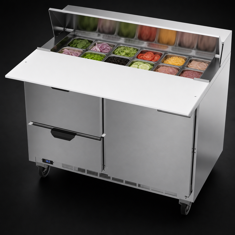 Product image #4 for Beverage-Air 48-Inch Two-Section Sandwich Prep Table Refrigerator with 12-Pan Top, 2 Drawers, and 1 Door
