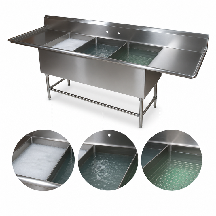 Product image #3 for John Boos Pro-Bowl 3-Compartment Sink with Dual Drainboards, 16-Gauge Stainless Steel, 87-1/4 Inch Wide