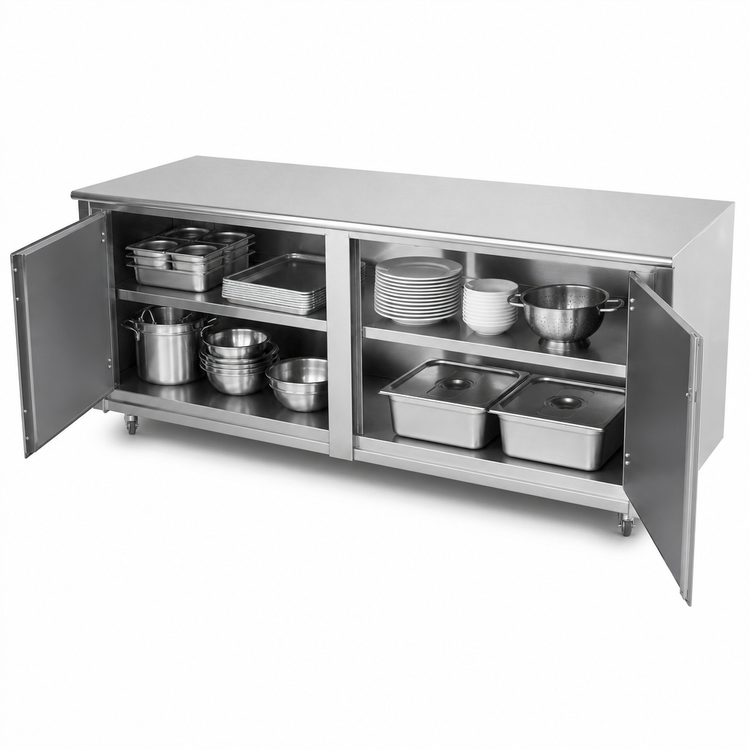 Product image #3 for Advance Tabco Enclosed Work Table with Cabinet Base and Hinged Doors, 72"W x 36"D, 14-Gauge 304 Stainless Steel Top