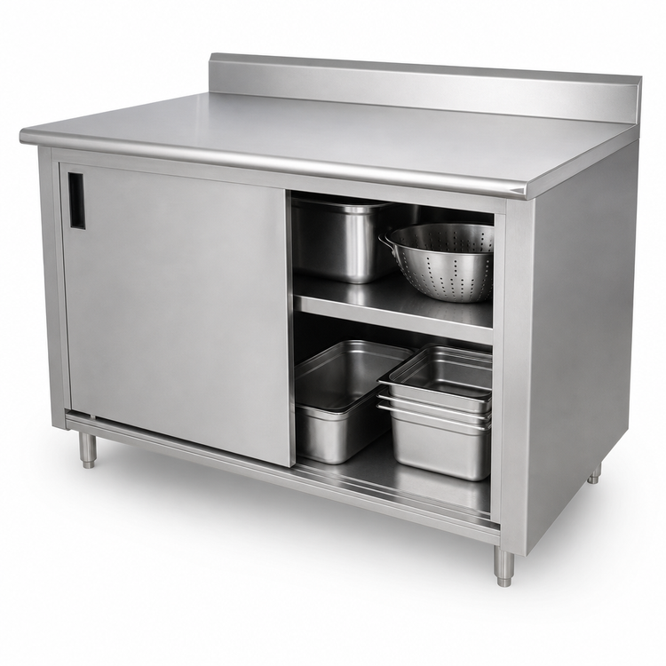 Product image #3 for Advance Tabco Special Value Series Economy Enclosed Work Table with Cabinet Base, Mid-Shelf and Sliding Doors, 108 x 24 Inches, 16 Gauge 304 Stainless Steel Top