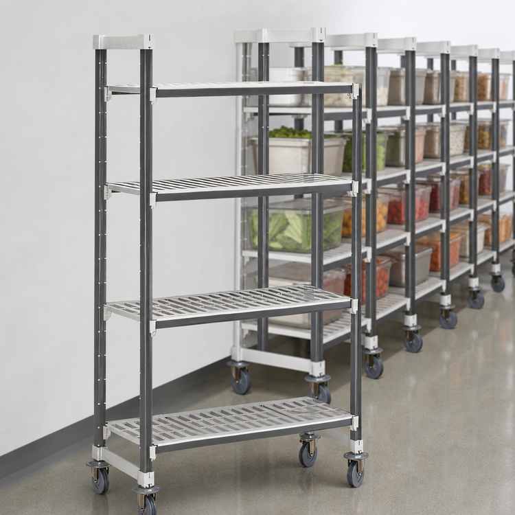 Product image #3 for Cambro Camshelving Elements XTRA High Density Mobile Starter Unit, 18" x 60" x 70-1/4", 4-Shelf Vented, Speckled Gray