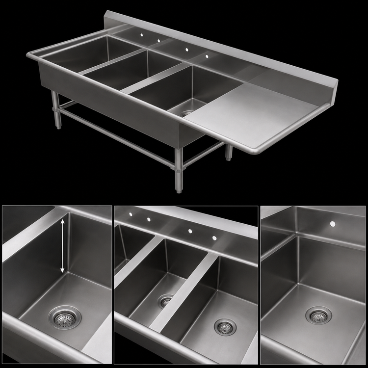 Product image #3 for John Boos Pro-Bowl 3-Compartment Stainless Steel Sink with Right-Hand Drainboard and Leg Base, 84-3/16" x 33-1/2"