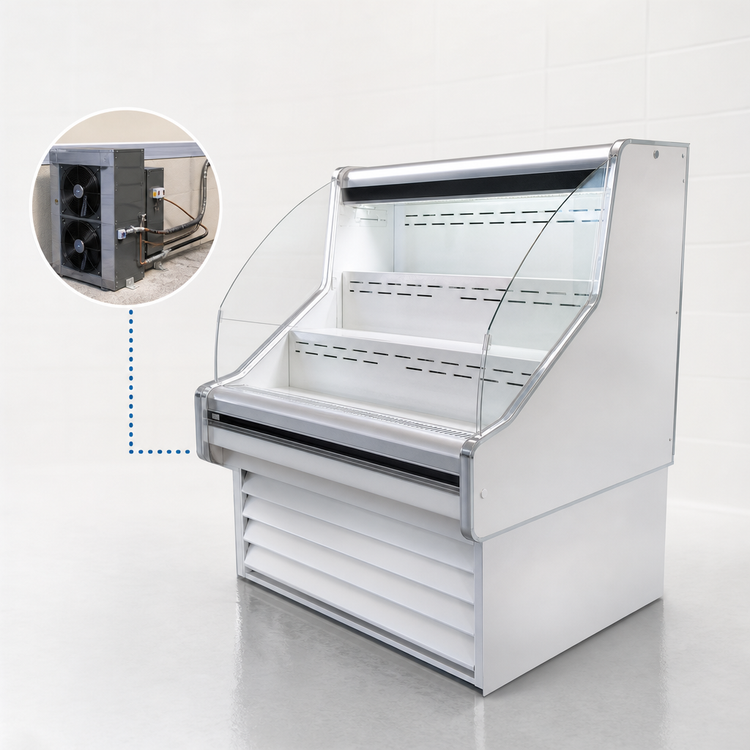 Product image #3 for Howard-McCray 35E Series 63-Inch Curved Glass Remote Open Merchandiser with LED Lighting, White