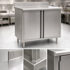 Thumbnail image #3 for Eagle Group Spec-Master CBH2496SE-BS 96 in. x 24 in. Stainless Steel Enclosed Work Table, 14-Gauge Top, 4 Hinged Doors, 4-1/2 in. Backsplash