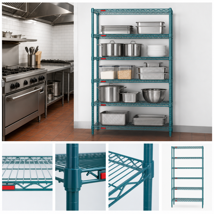 Product image #3 for EagleGard 5-Tier Stationary Starter Wire Shelving Unit, 42W x 21D x 74H, QuadTruss Shelves, Blue-Green Hybrid Epoxy
