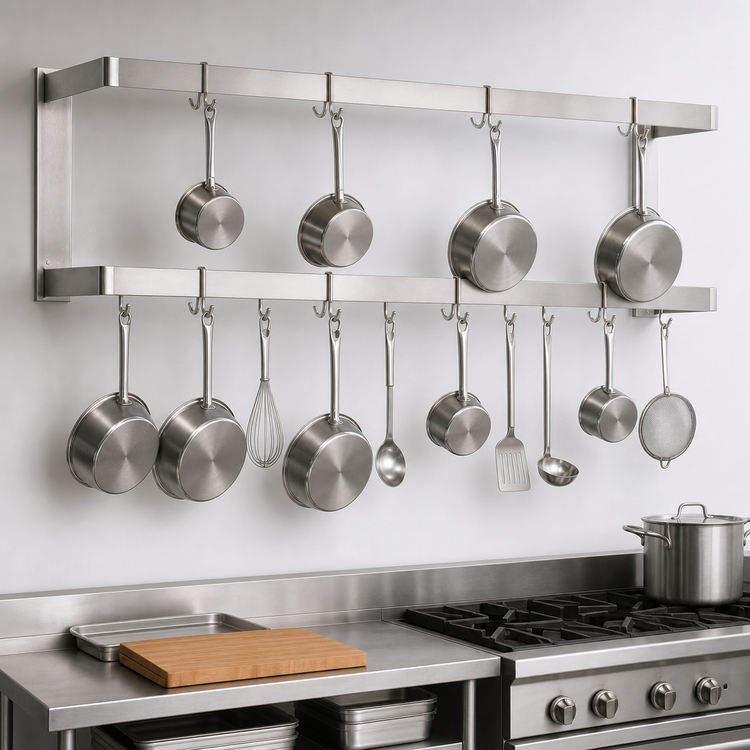 Product image #3 for John Boos PRW24-X Wall-Mount Double-Bar Stainless Steel Pot Rack with 16 Double Hooks, 96 Inch