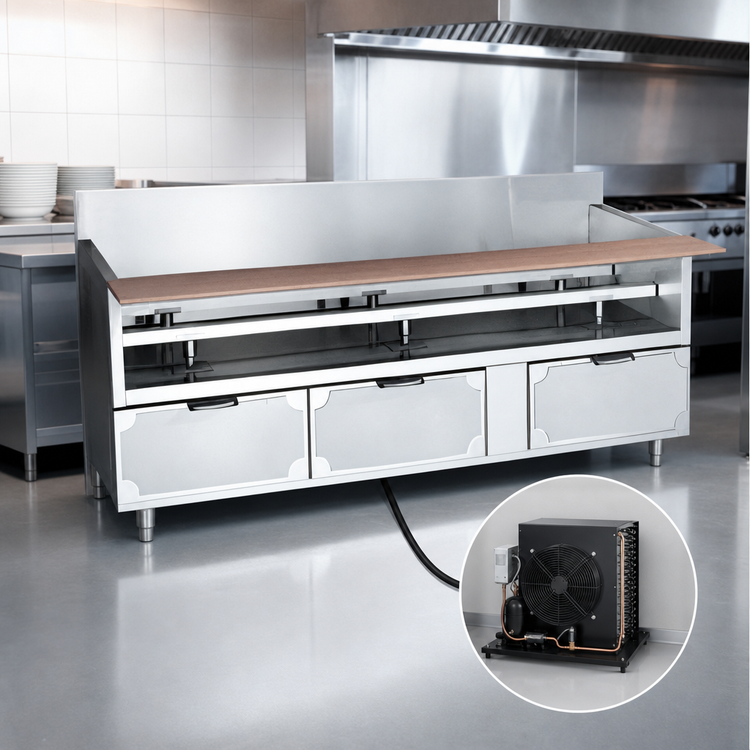 Product image #3 for La Rosa 102-Inch Stainless Steel Refrigerated Equipment Stand with 4 Drawers, Remote Refrigeration
