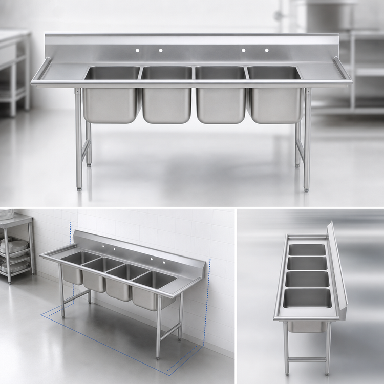 Product image #3 for Eagle Group 314 Series Four-Compartment Coved Corner Sink, 20 x 16 Inch Bowls, 304 Stainless Steel, No Drainboards