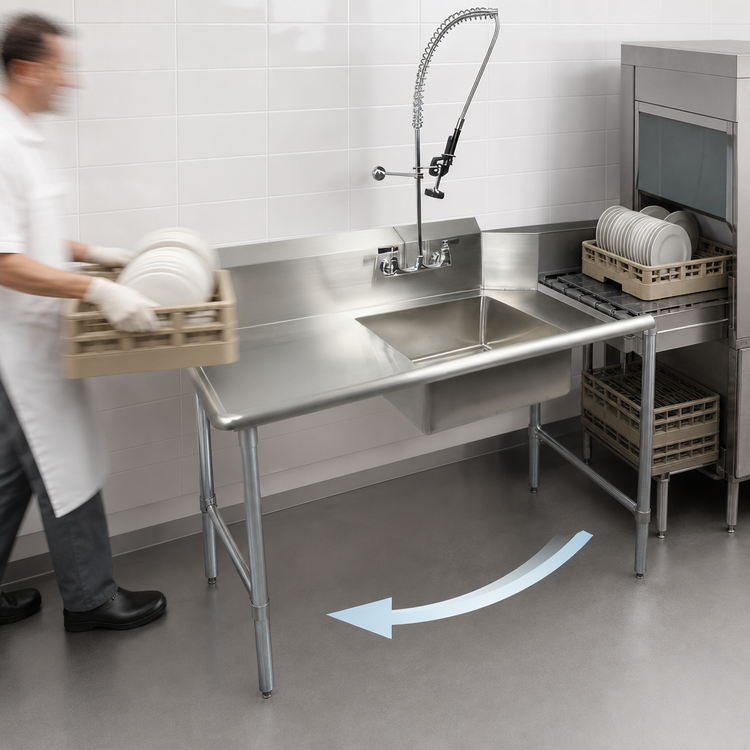 Product image #3 for BK Resources 26-Inch Straight Soiled Dish Table with Right-to-Left Operation, Pre-Rinse Faucet, and Galvanized Legs