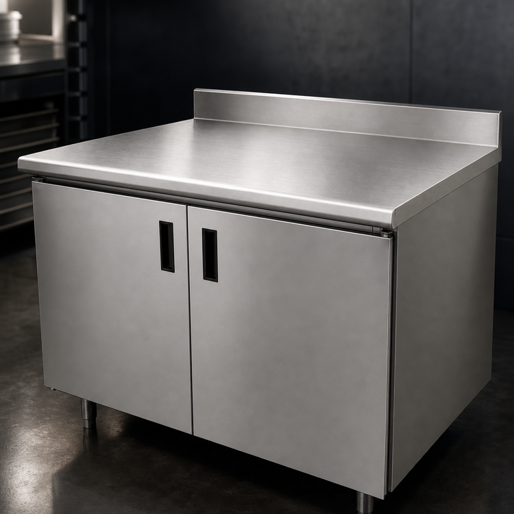 Product image #3 for Advance Tabco Special Value Economy Enclosed Work Table with Cabinet Base and Sliding Doors, 96 x 30 Inches, 16-Gauge 304 Stainless Steel Top