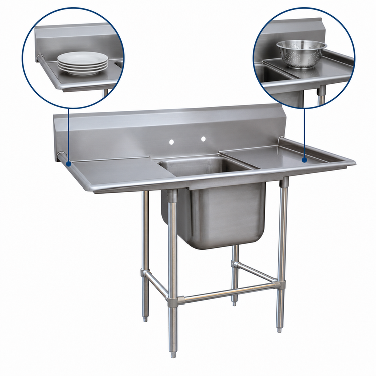 Product image #3 for Advance Tabco Regaline 1-Compartment Sink with Left and Right-Hand Drainboards, 28 x 20 Inch Bowl, 14 Gauge 304 Stainless Steel