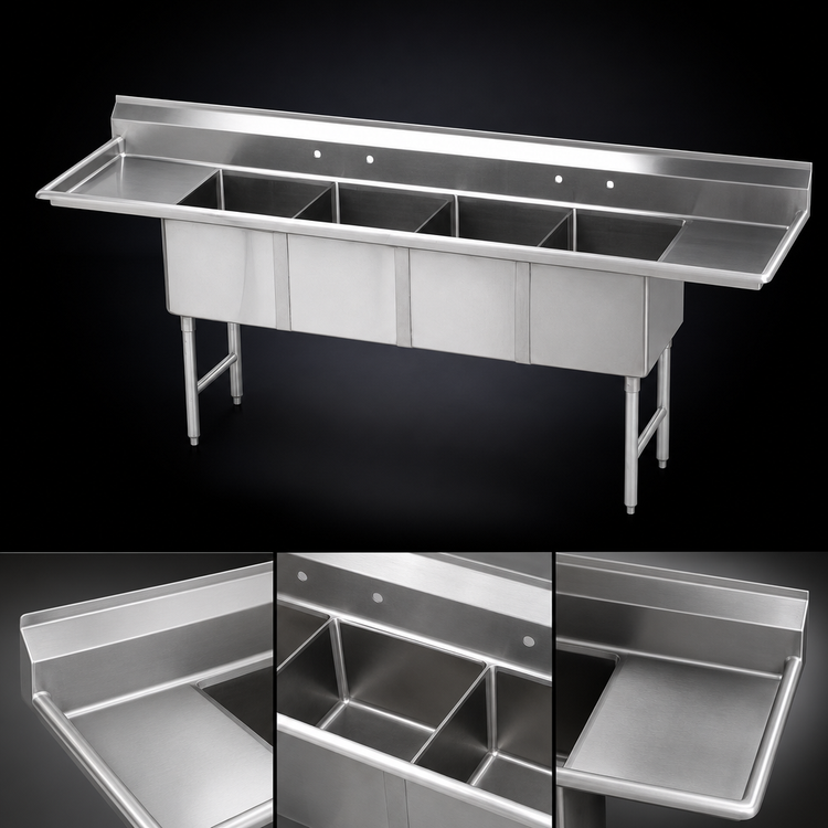 Product image #3 for Advance Tabco 4-Compartment Sink with 24-Inch Left & Right Drainboards, 128-Inch Overall Length