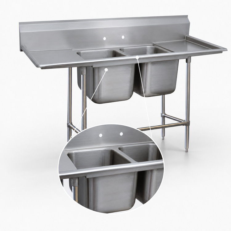 Product image #3 for Advance Tabco Regaline 2-Compartment Sink with Left and Right Drainboards, 14-Gauge 304 Stainless Steel, 78-1/2 Inch Overall Length