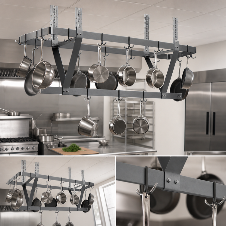 Product image #3 for Eagle Group CM108APR 100-Inch Ceiling-Mounted Triple-Bar Aluminum Pot Rack with 27 Double-Pronged Hooks