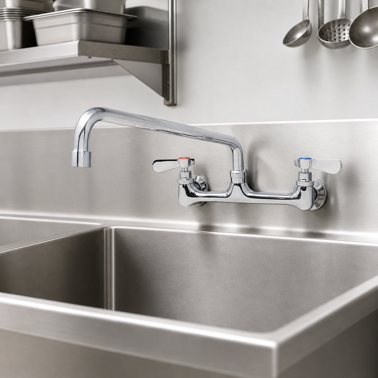 Product image #3 for Omcan USA Splash-Mounted Commercial Faucet with 16-Inch Swing Spout, 8-Inch Centers