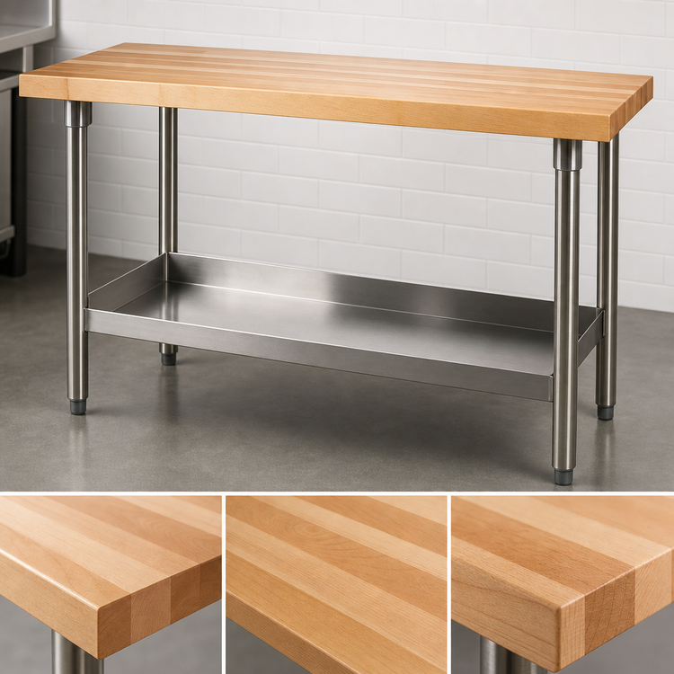 Product image #3 for John Boos 48 x 24 Inch Wood Top Work Table with 1-3/4 Inch Maple Top, Stainless Steel Legs and Adjustable Undershelf