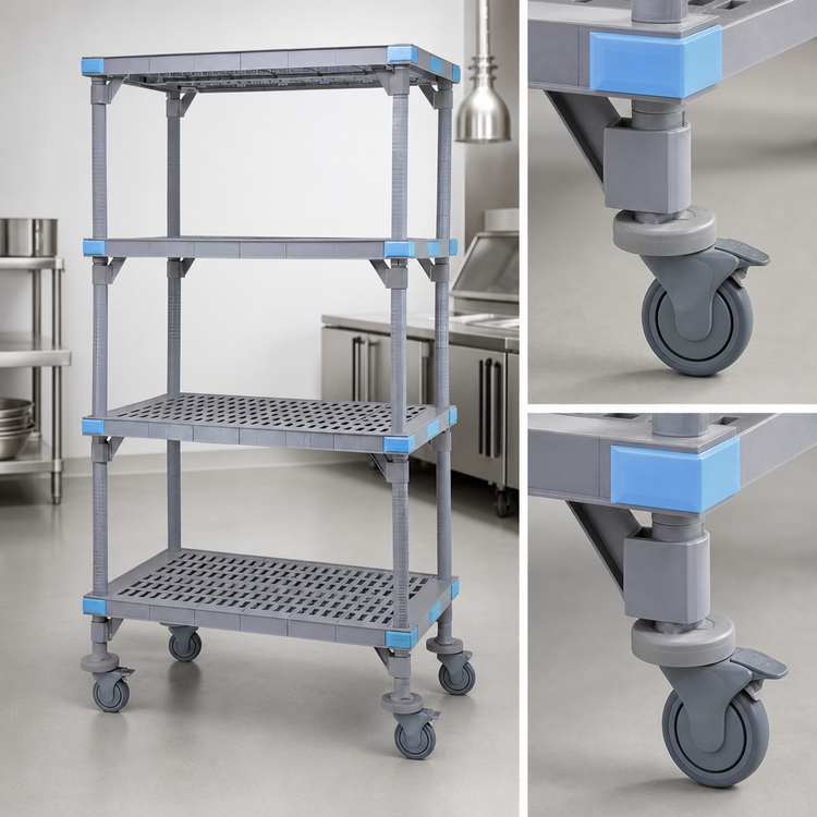 Product image #3 for Quantum Millenia Mobile Polymer Shelving Starter Unit, 54"W x 21"D x 86"H, 4 Open Grid Shelves, Gray