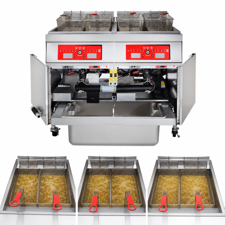 Product image #4 for Vulcan 3ER50AF Three-Battery Electric Floor Fryer with Built-In KleenScreen PLUS Filtration, Solid State Analog Controls, 50 lb. Per Vat
