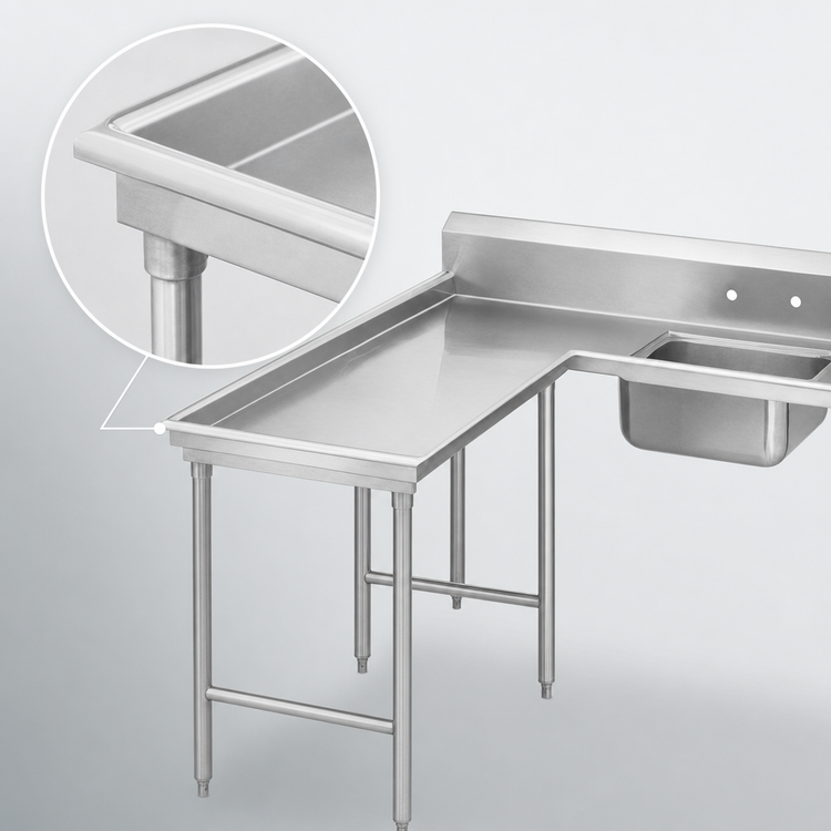 Product image #3 for Advance Tabco Left-Hand L-Shaped Island Soil Dishtable with Pre-Rinse Sink, 83-Inch, 16 Gauge 304 Stainless Steel