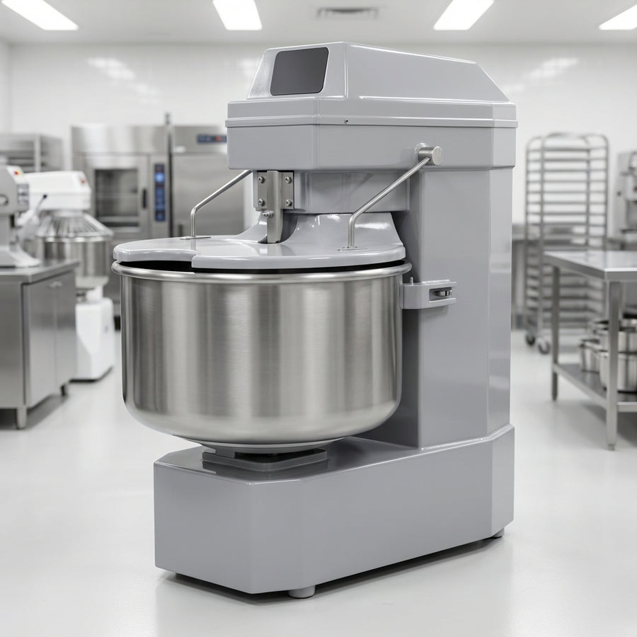 This image highlights the dough mixer's strong welded steel body, featuring a durable and hygienic NSF epoxy paint finish built for rigorous commercial use.