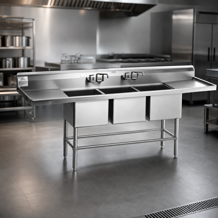 Product image #3 for Spec-Master FN2472-3-36-14/3 14 Gauge Stainless Steel Three-Compartment Commercial Sink with 36-Inch Dual Drainboards