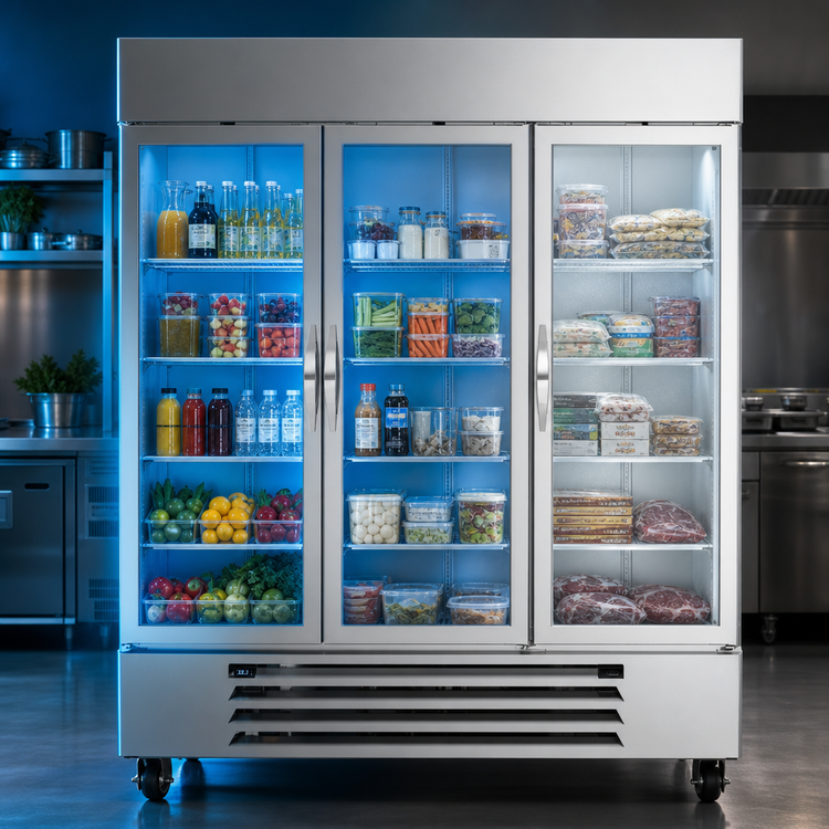 Product image #3 for Beverage-Air Horizon Series Dual-Temperature Three-Section Glass Door Reach-In Refrigerator/Freezer, Bottom Mount, Stainless Steel