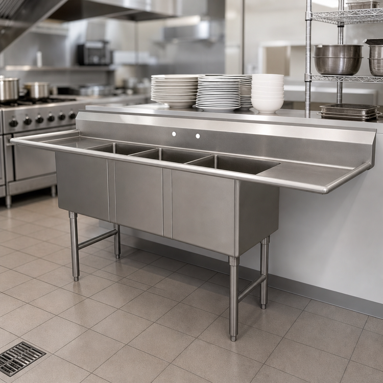 Product image #3 for Advance Tabco Special Value Series 3-Compartment Fabricated Sink with Left & Right Drainboards, 15-Inch Bowls