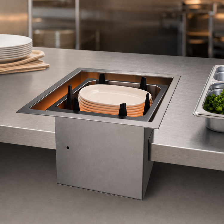 Product image #3 for Atlas Metal Heated Drop-In Oval Platter Dispenser with Enclosed Frame, Stainless Steel, 13-3/4" x 9-1/4" Max Platter Size