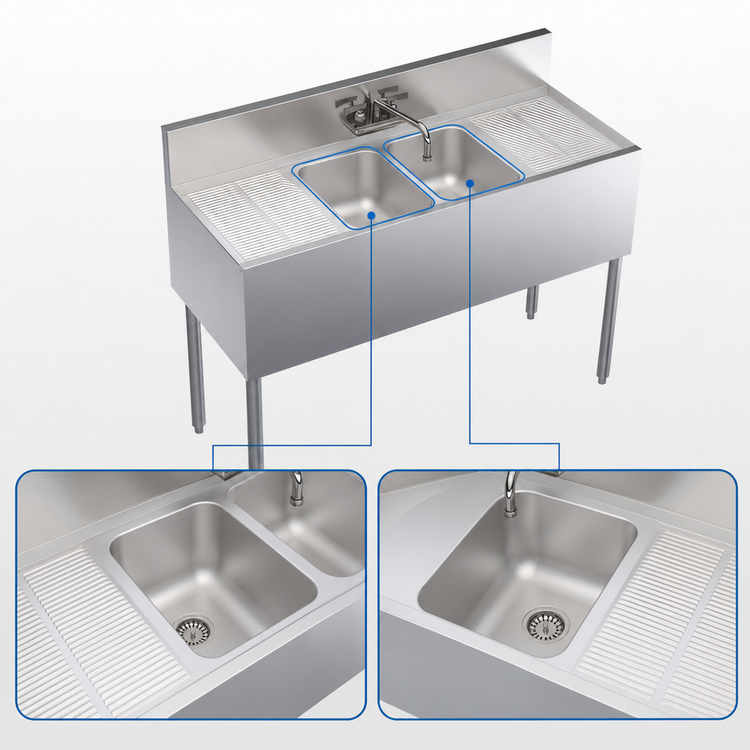 Product image #3 for Krowne Royal Series 48-Inch Wide Stainless Steel Two-Compartment Underbar Sink Unit with Faucet and Dual Drainboards