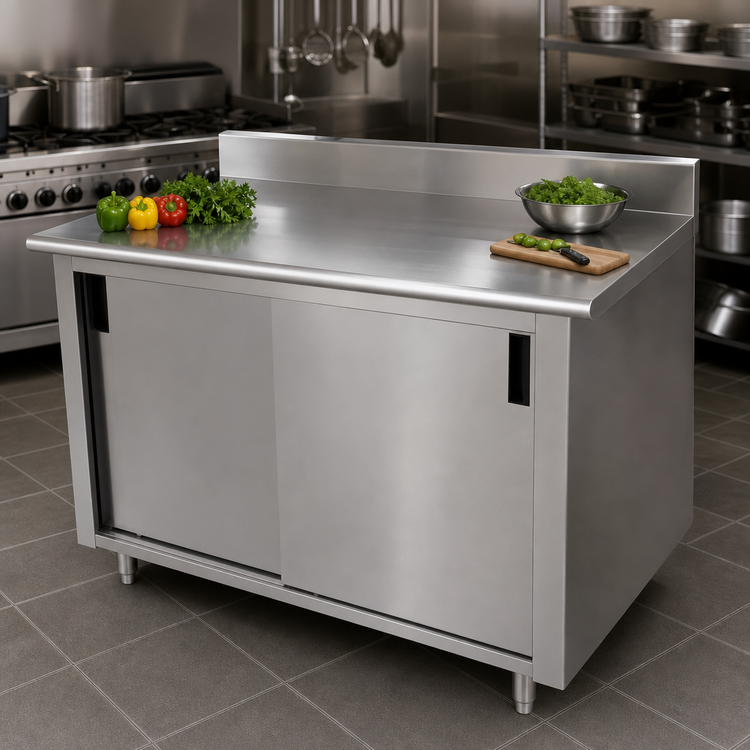 Product image #3 for Advance Tabco Enclosed Work Table with Cabinet Base, Mid-Shelf and Sliding Doors, 120 x 24 Inches, 14-Gauge 304 Stainless Steel Top