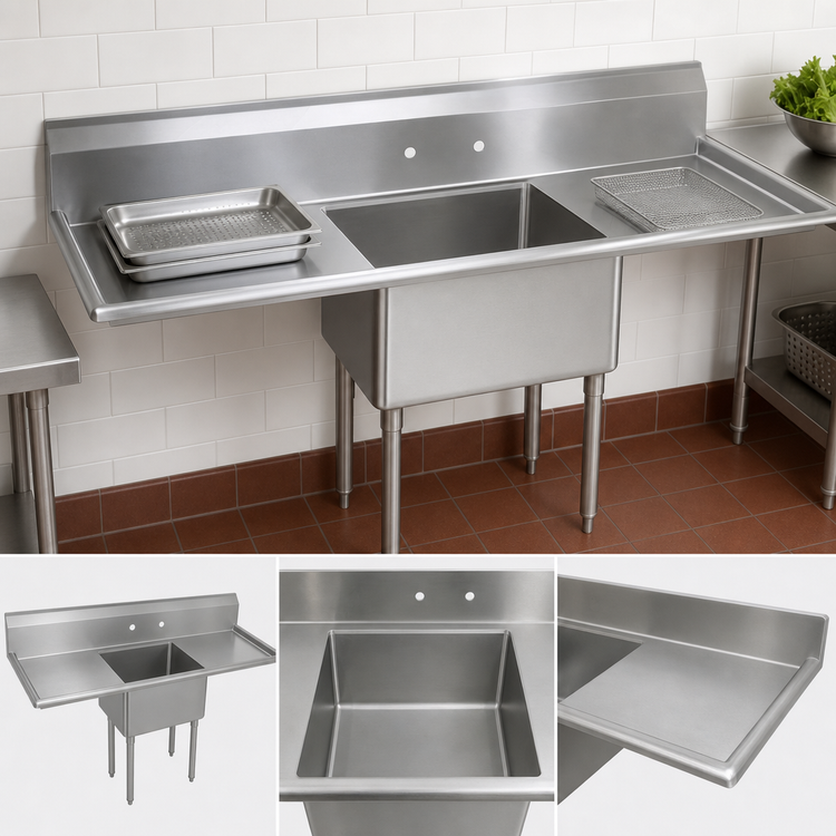Product image #3 for BK Resources One Compartment Double Drainboard 304 Stainless Steel Sink with 18 x 18 x 12 Inch Bowl