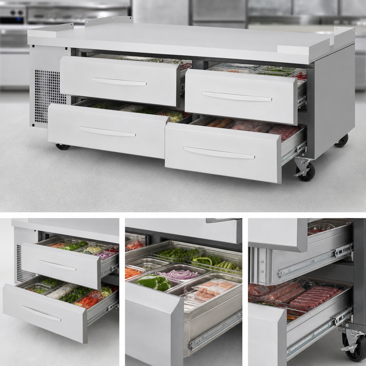 Product image #3 for Turbo Air PRO Series 72-Inch Two-Section Refrigerated Chef Base with 4 Drawers and Stainless Steel Flat Top