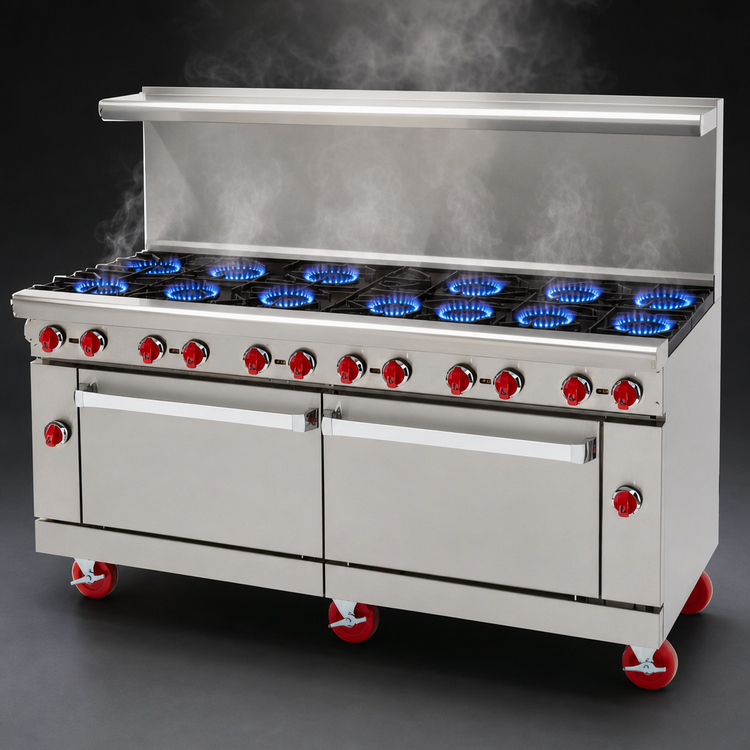 Product image #3 for American Range 72-Inch Gas Restaurant Range with 12 Open Burners, Left Convection Oven and Right Standard Oven