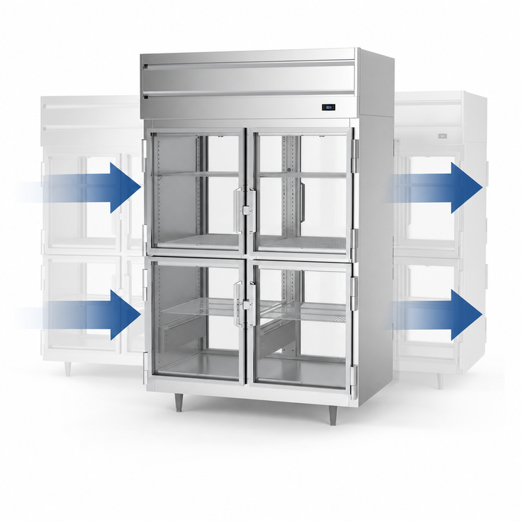 Product image #3 for Beverage-Air P Series Pass-Thru Two-Section Pizza Holding Cabinet with 8 Half-Height Glass Doors