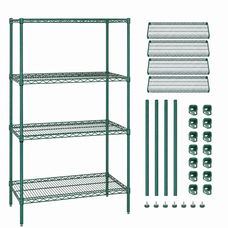 Product image #3 for Quantum WR74-1460P 4-Shelf Wire Shelving Starter Kit, 60"W x 14"D x 74"H, Green Epoxy