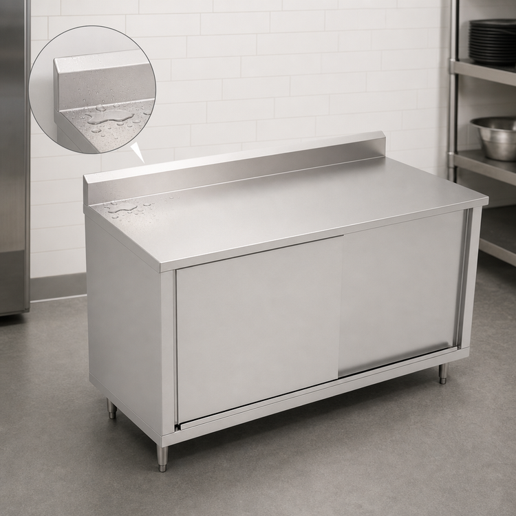 Product image #3 for John Boos 60 Inch x 24 Inch Stainless Steel Enclosed Work Table with Sliding Doors and 5 Inch Backsplash