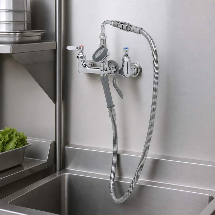 Product image #3 for T&S Brass B-0167-01 Wall-Mount Pre-Rinse Mixing Faucet with 54" Hose, 8" Adjustable Centers, and 1.15 GPM Angled Spray Valve