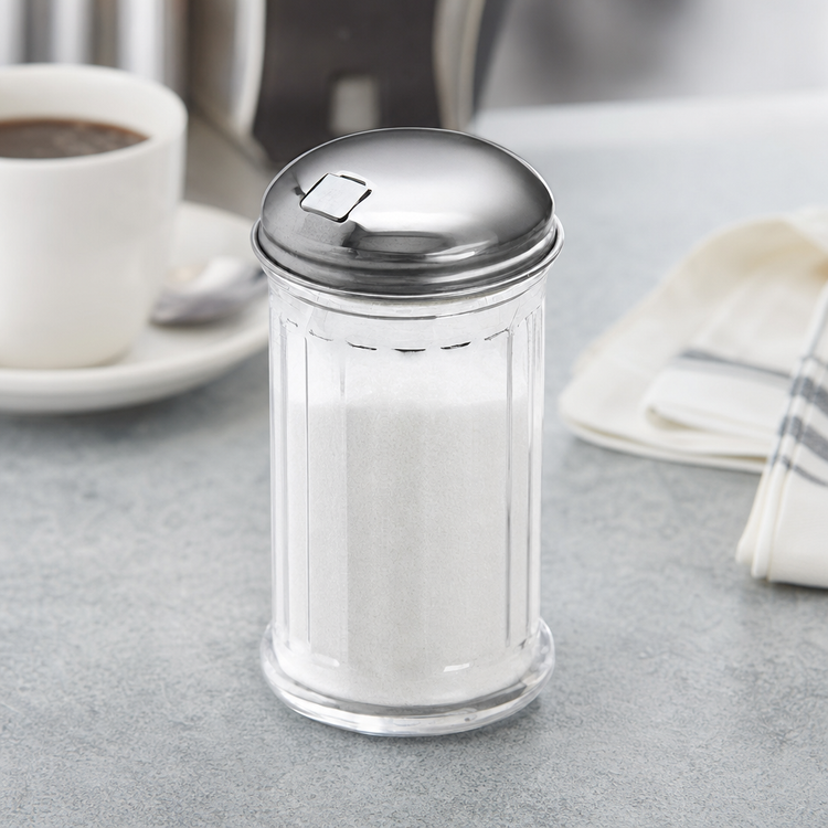 Product image #3 for American Metalcraft Clear SAN Plastic Sugar Pourer with Stainless Steel Self-Closing Flap Top, 12 oz.
