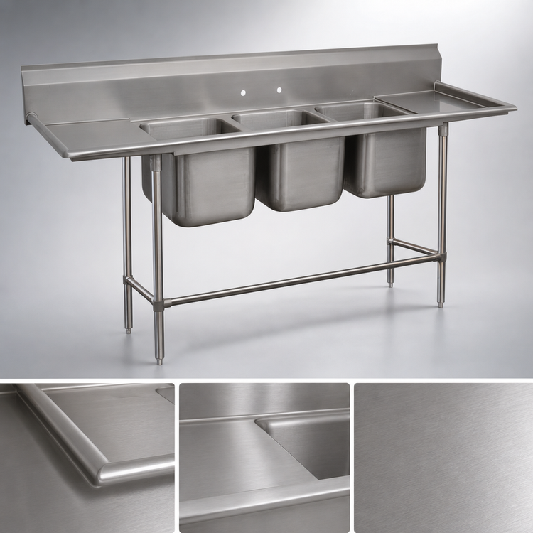 Product image #3 for Advance Tabco Regaline 3-Compartment Commercial Sink with Left & Right-Hand Drainboards, 20" x 20" Bowls, 14-Gauge 304 Stainless Steel