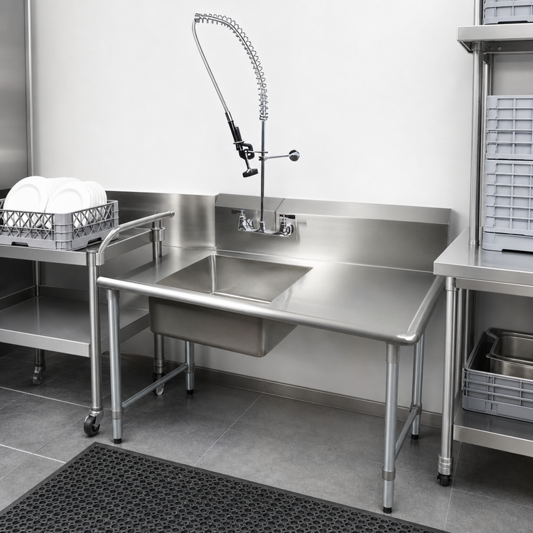 Product image #3 for 48-Inch Straight Right-to-Left Stainless Steel Soiled Dish Table with 20" x 20" x 8" Sink, Pre-Rinse Faucet, and Basket Drain