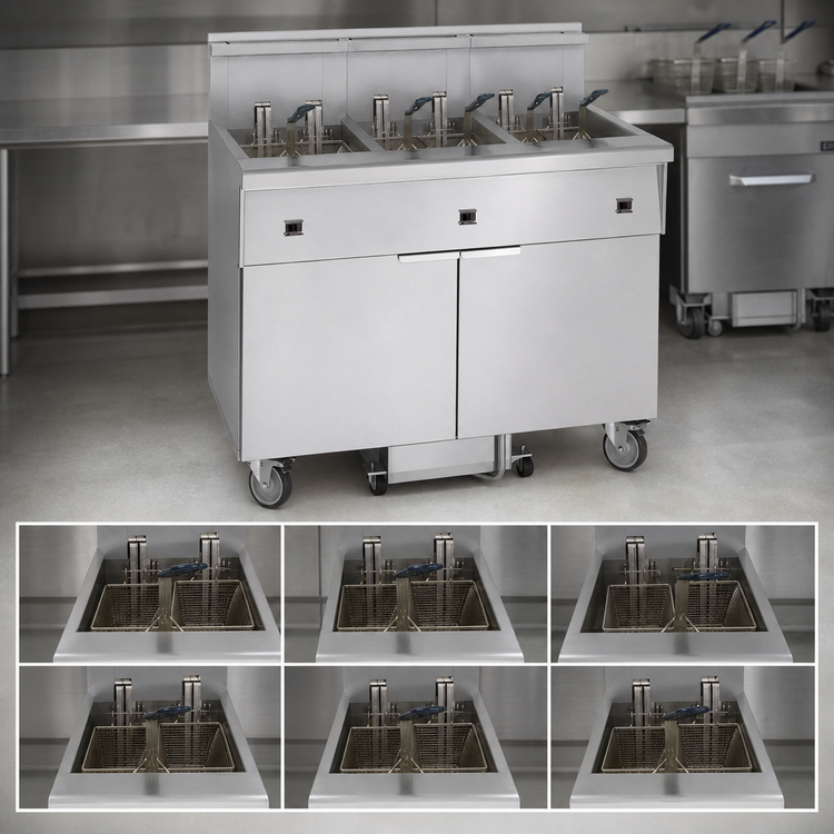 Product image #3 for Imperial Electric Floor Model 6-Tank Battery Fryer with Built-In Filter System, 50 lb. Each