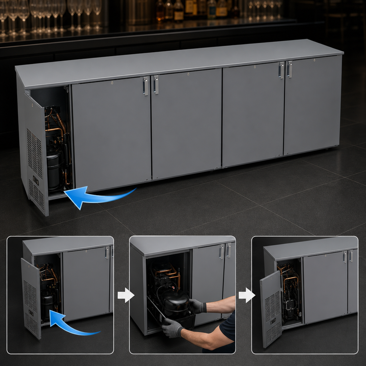Product image #3 for Glastender C1FB108 One-Zone Front-Serviced Bar Profile Back Bar Cooler, 108 Inch, Four-Section, 4-Door