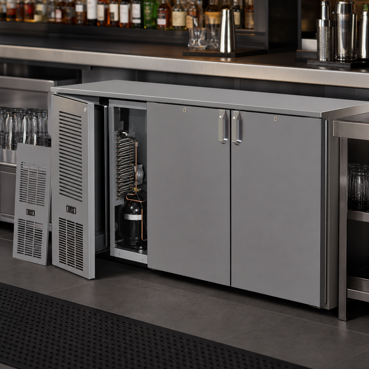 Product image #3 for Glastender Shallow Depth Front-Serviced One-Zone Bar Profile Back Bar Cooler, 60-Inch, Two-Section, Solid Swing Doors, Stainless Steel Top