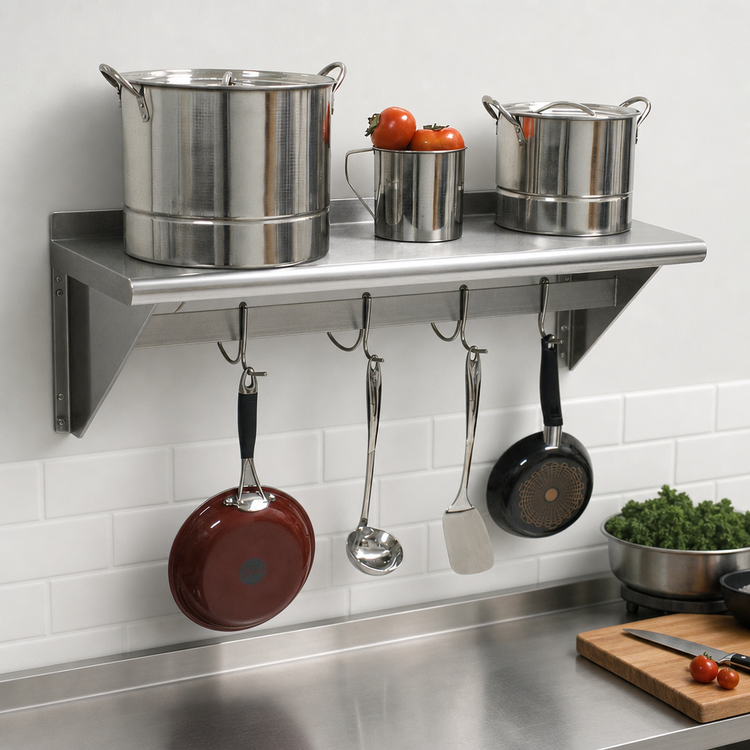 Product image #3 for Advance Tabco Wall-Mounted 18/430 Stainless Steel Shelf with Pot Rack, 120 x 18 Inches