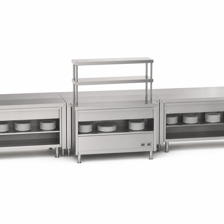 Product image #3 for Randell Modular Chef Service Counter Center Section, 97-1/2 Inch Wide, Stainless Steel, with Plate Storage Cabinet and Double Overshelf