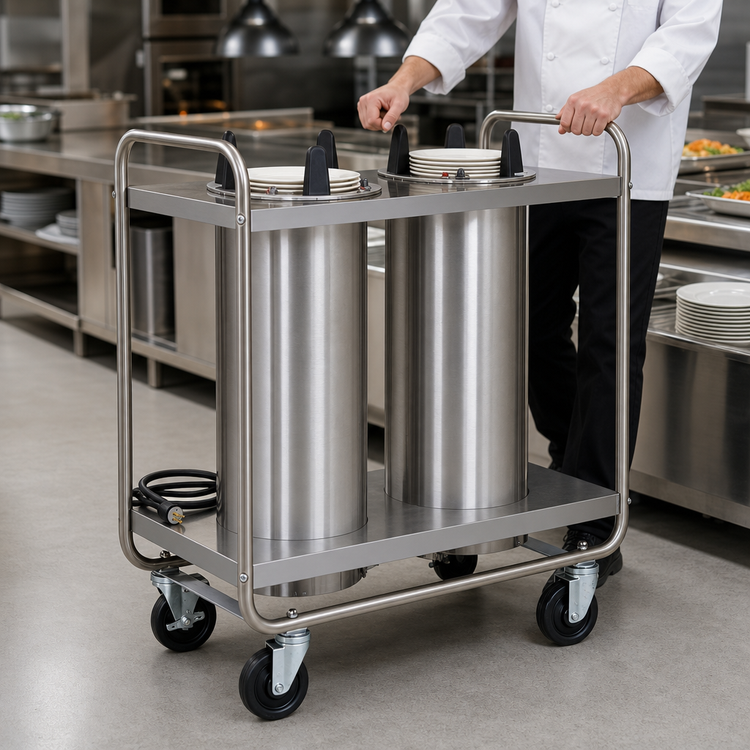 Product image #3 for Dinex Mobile Heated Plate Dispenser with Open Tubular Frame and 2 Self-Elevating Tubes